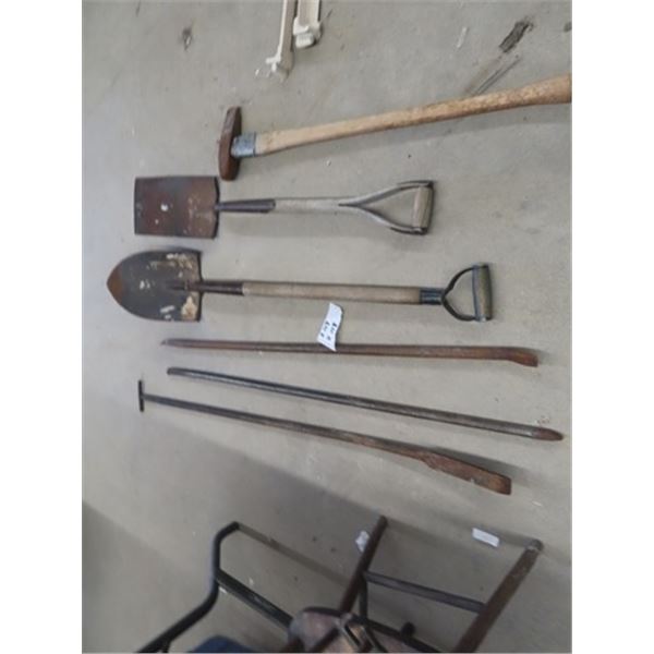 Yard Tools, Sledge Hammer, 2 Shovels, & 3 Fence Bars