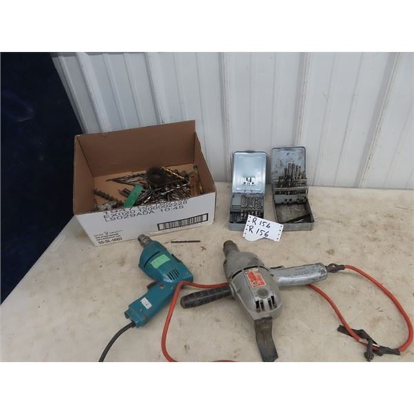 B & D 1/2" Drill, 3/8 Makita Drill, & Drill Bits