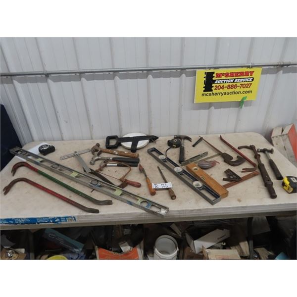 Carpentry Items, Nail Puller, Wrecking Bar, Tape Measurer, Hammers, Level Plus More!