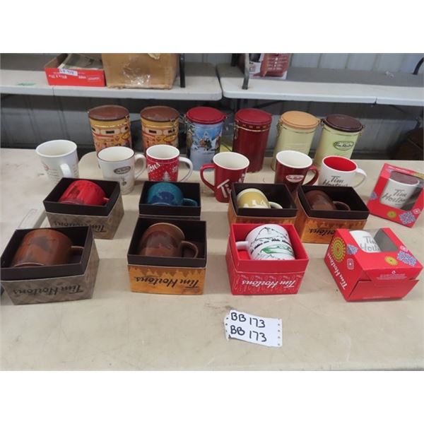 Approx 16 Tim's Mugs & 6 Metal Cannisters