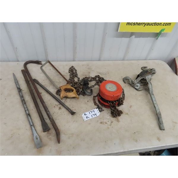 1 Ton Chain Hoist , Come A Long & Wrecking bars/ Prys