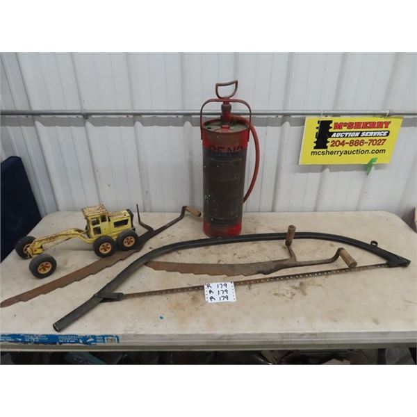 2 Hay Knives, Buck Saw, Tonka Grader, Pump Style Fire Extinguisher