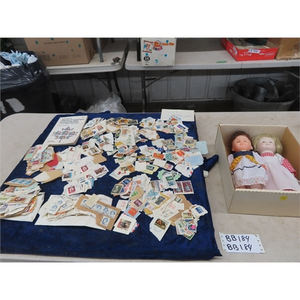 Stamp Book & Stamps - Various Years & 2 Vintage Dolls