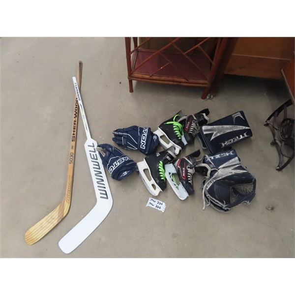 Hockey Equpment - Itech Goalie Blocker & Glove Easton Glove, New Winnell Goalie Stick, & Sherwood Ho