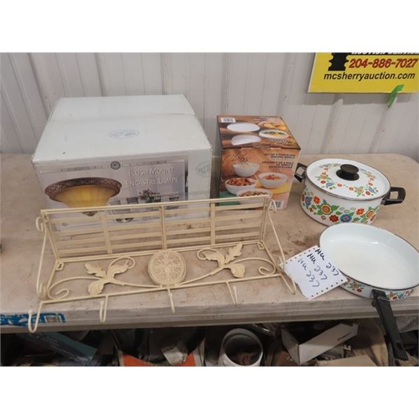 New Light Fixture, Metal Rack & Porc Serving Bowl & Pots