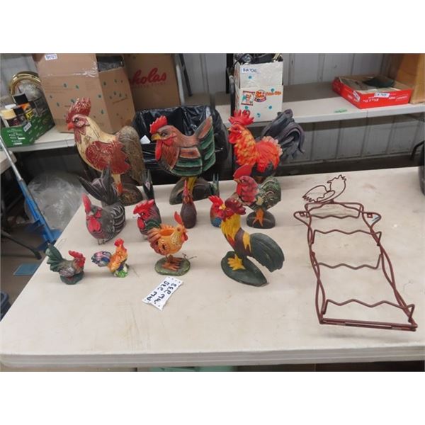 12 Rooster Ornaments & Cast Door Stop