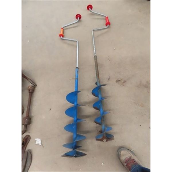 2 Ice Fishing Augers, Ice Fishing Rods, & Life Jackets
