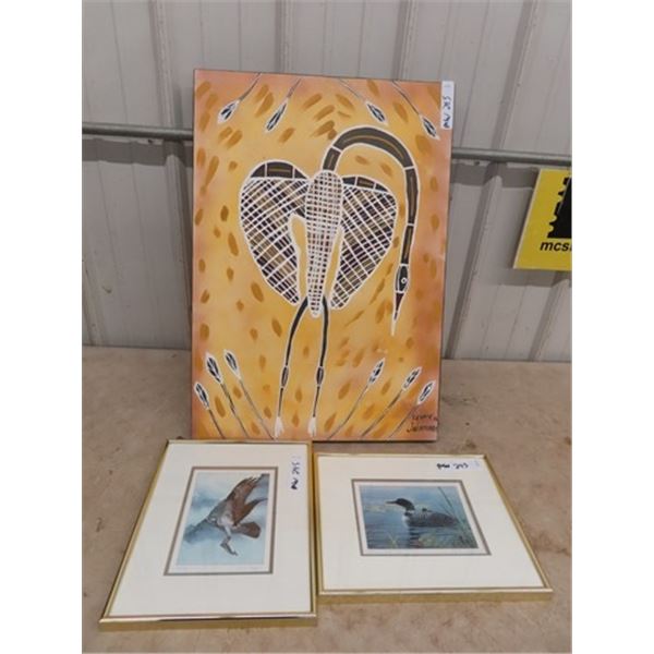 Native Painting on Canvas, Lewis Jakamura, & 2 Prints by Luke Raffin