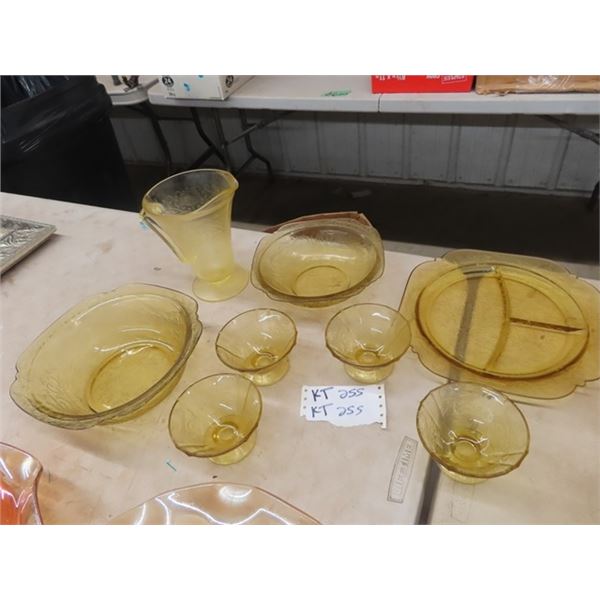 8 Pcs Depression Glass, Pitcher, Trays, Plus More