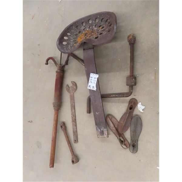 Implement Seat, tractor Starter Crank, Cobbler Shoe Set, Plus More