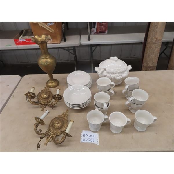 Gibson Dishes, Soup Tourenne, Brass Vase Brass Wall Mount Light Fixture