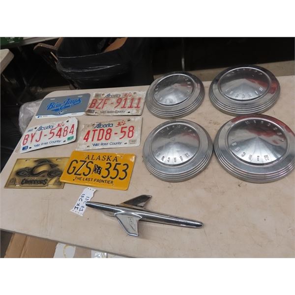 Hood Ornaments, Set of 4 Mercury Hubcaps, License Plates 1 is Alaska