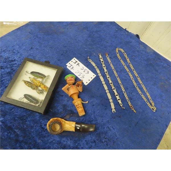Old Fishing Lures, Wooden Caved Whiskey Stopper, Carved Pipe & Men's Bracelets & necklace