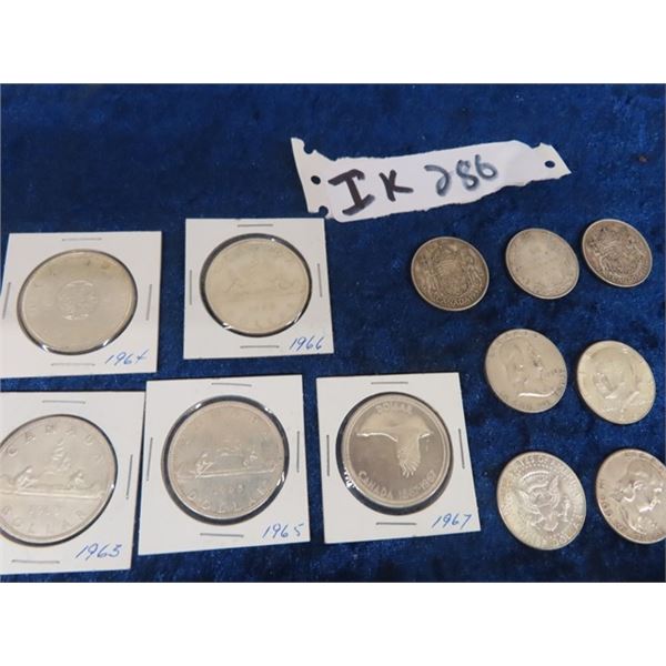 Canadian 1963, 64,65, 66 & 1967 Dollar Coins, American 1/2 Dollar Coins - 1951 & 1952 &  2 -1968, Ca