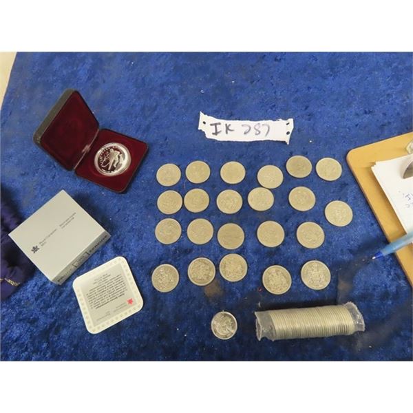 1993 Dollar Coin  w Case, 22 Canadian 50 Cent Cois 1970-80, Roll of Millenium Quarters