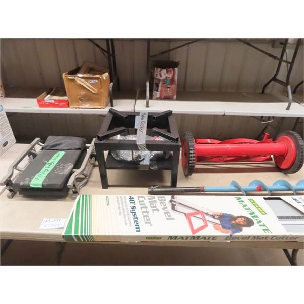 Propane Cooker, Garage Creeper, Auger, Push Mower Mat Mate Cutter