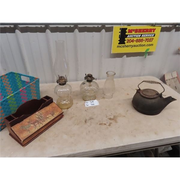 (W) 2 Coal Oil Lamps, Cast Kettle, Desk Organizer