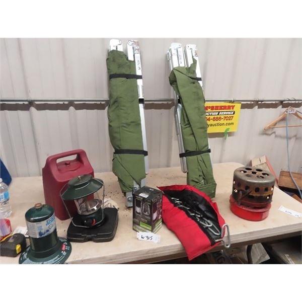 (W) 2 Army Style Folding Camping Cots, Coleman Lanter & Heater & Tie DOwns