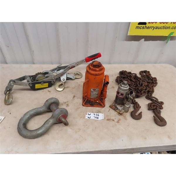 (W) 2 Bottle Hyd Jacks- 1 is 20 Ton & 1 is 4 Ton Come A Long, 20' Plus Chain w 2 hooks & Large Clevi