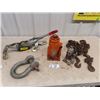 Image 1 : (W) 2 Bottle Hyd Jacks- 1 is 20 Ton & 1 is 4 Ton Come A Long, 20' Plus Chain w 2 hooks & Large Clevi