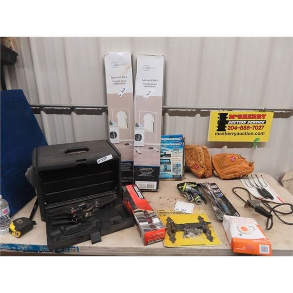 (W) Poly Container w Flower Ped Tools, Baseball Gl Gate Hinges, Clothes Rack Plus More