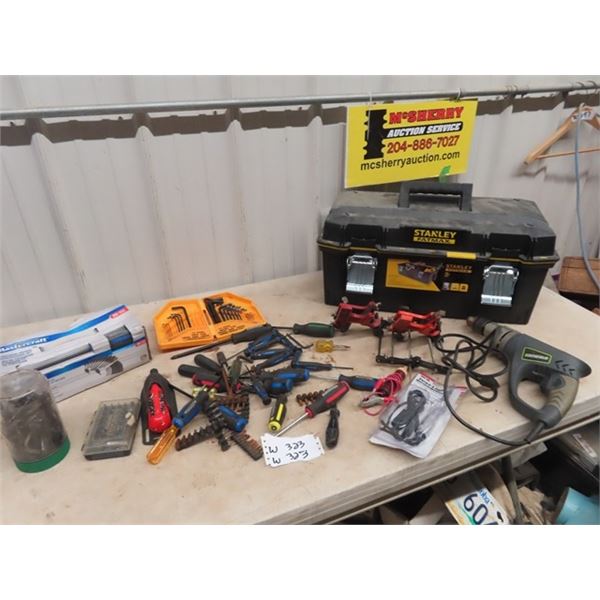 (W) Fat Max Tool Box, Genesis Power Hammer Drill, Chain Saw Sharpener, Screwdrivers, Allan Wrenches 
