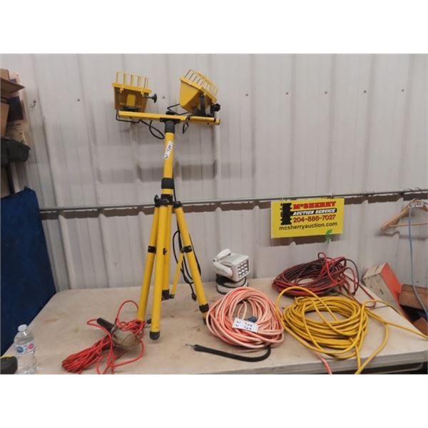 (W) Halogen Light on Stand, 12 Volt Spot Light, Ext Cords, & Trouble Light
