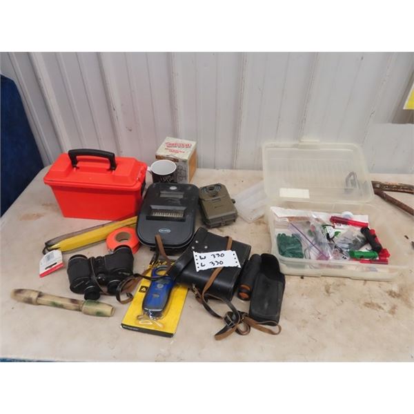 (W) Ammo Box, 2 Pair Binoculars , New 50lb Digital Scale, 2 Trail Cameras, Accessories for 50 Cal Kn