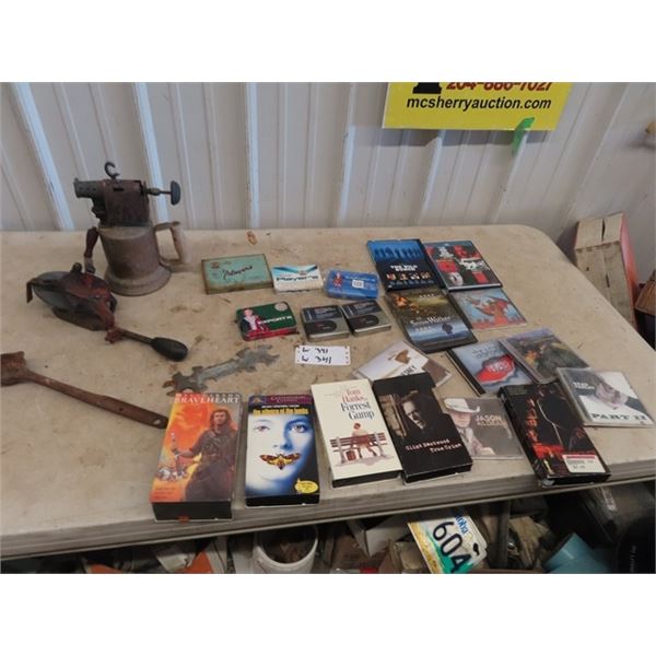 (W) Blow Torches, Grinder, Sodering Iron, DVD, VCR & CD's & Cig Tins