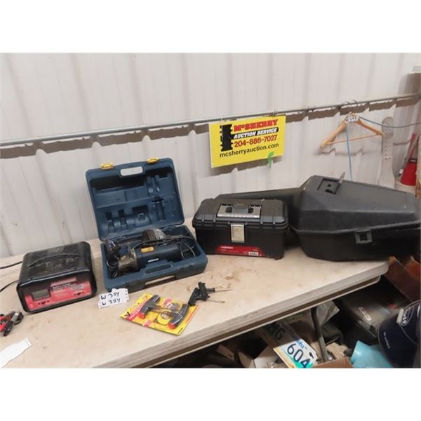 (W) Battery Charger, Mastercraft Angle Grinder Tire Repair, Tool Box, Chainsaw Case