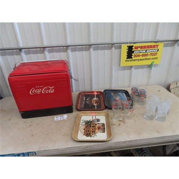 Coca Cola Picnic Cooler, 3 Coke Trays, & 12 Coke Glasses
