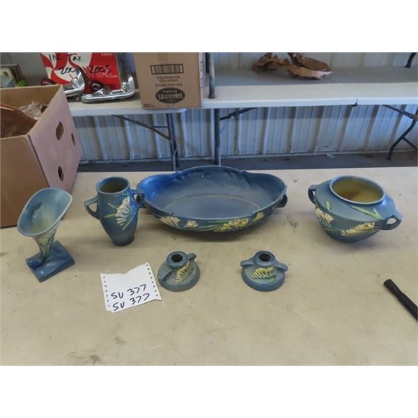 6 Roseville Bowl, Vase, Candle Holders, & More
