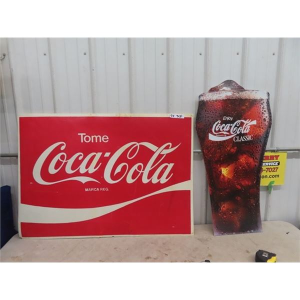 Plastic Coca Cola Sign 30"x 42", & Cardboard Coca Cola Glass Sign 19" x 37"