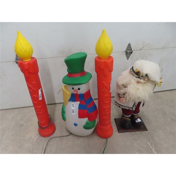 4 Christmas Ornaments, - 3 Are Blow Mould - Snowman & 2 Canldes, & Cloth Santa Ornament