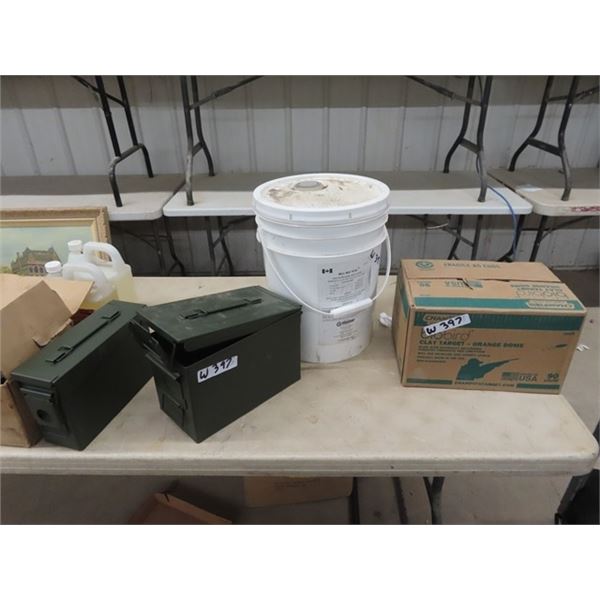 (W) 5 Gal Pail Mill Mix 70/30, Full Box of Clay Pigeons, 2 Ammo Boxes