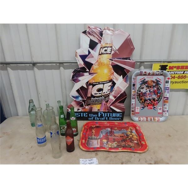 Budweiser Metal sign - 2 Coke Trays & 11 Vintage Pop & Milk Bottles