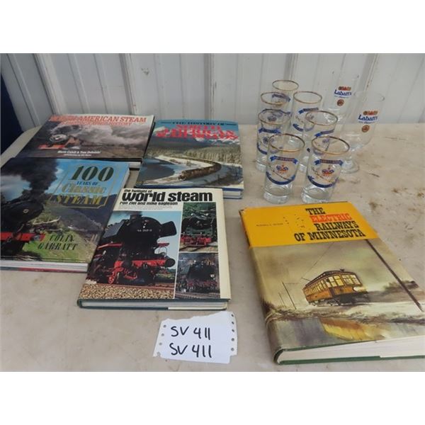 5 Hard Covered Railway Books , 7 Coronation Glasses, & 2 Labatt Glasses
