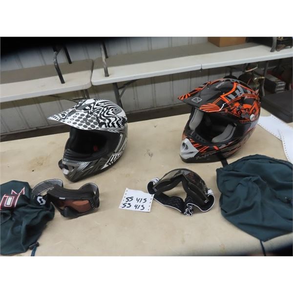 (SS) 2 Dirt Bike Helemts w Socks 1) Y L 1) Small - Good Condition