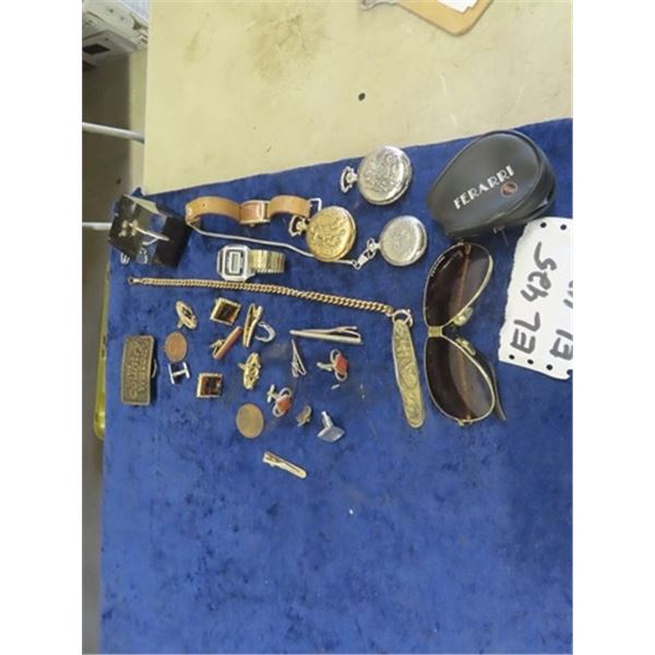 Ferrai Glasses, Brass Utility Knife, Cuff Links, Watches, & Belt Buckles & More