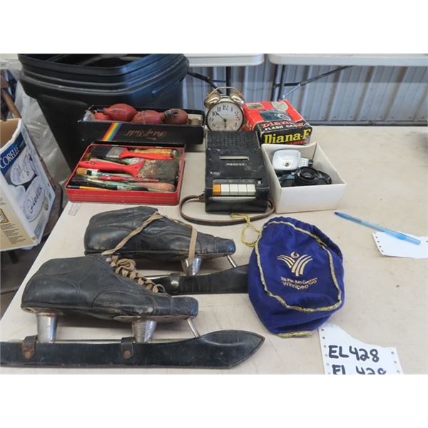 Vintage Camera, Skates, Clock, Tape Player Painting Supplies & More