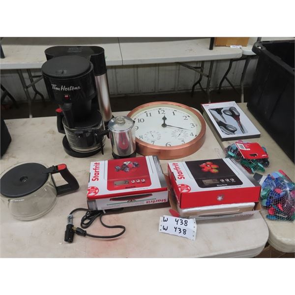 (W)Clock, 2 New Digital 11LB Scale, TIm Hortons Cofee Maker & Chip Clips Plus