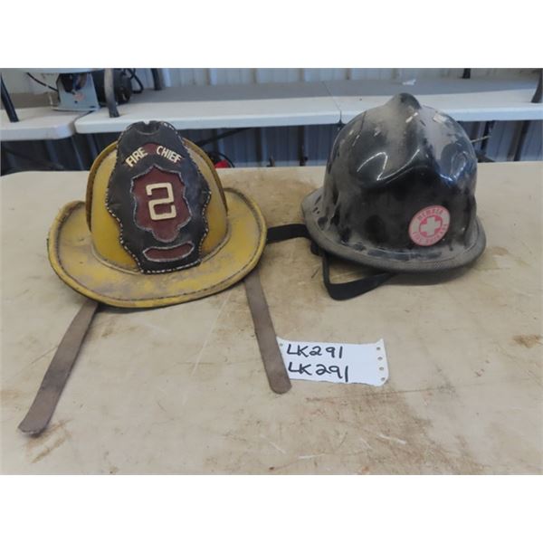 2 Fireman's Helmets, Black one is Real, Yellow one is Plastic Display