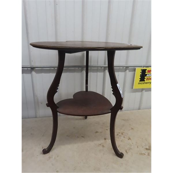 Oak Heart Shaped Parlor Stand - Top is Detailed w Beaded Brass 29" X 24" X24"