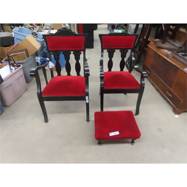 2 Velvet & Wood Parlor Chairs w Ottoman
