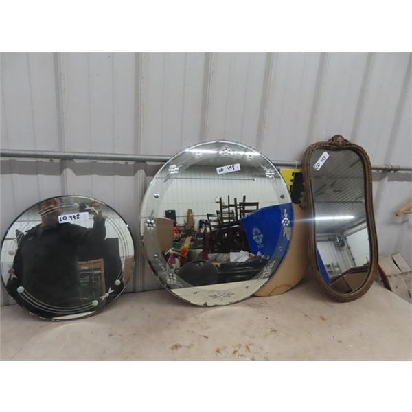 3 Mirror s 1) Rd w Etching 16"Rd 1) Rd w Etching 24 " RD & 1) Detailed Framed 14" x 27"
