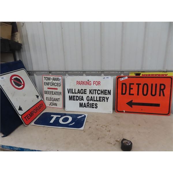 5 Metal Parking Signs, Parking, Detour, Plus More - Biggest Sign is 24" x 18"