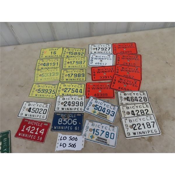 Approx 20 Bicycle License Plates 1970's & 80's w 1958 & 61 Wpg