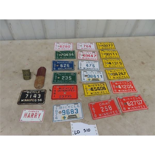 Approx 22 Wpg Bicycle License Plates 1970's, 80's Plus 1956, 1942, 1940