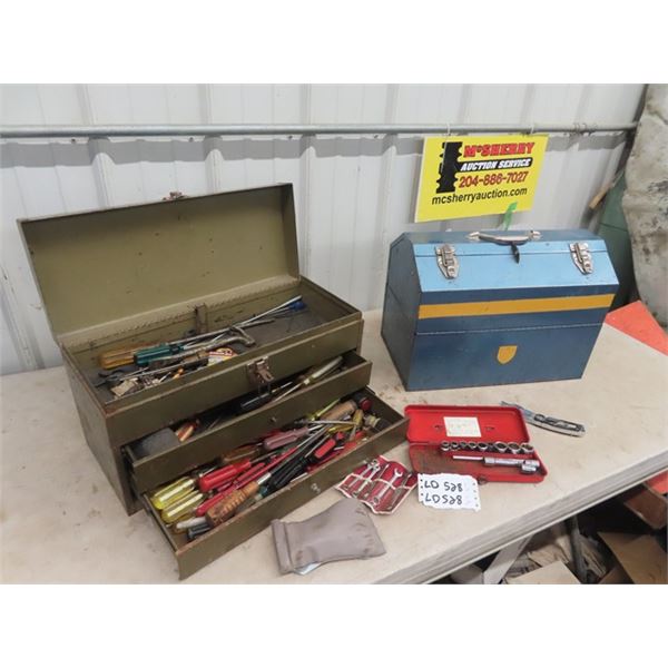 2 Metal Tool Boxes, w Various Tools, Screwdrivers, Wrenches, Sockets Plus