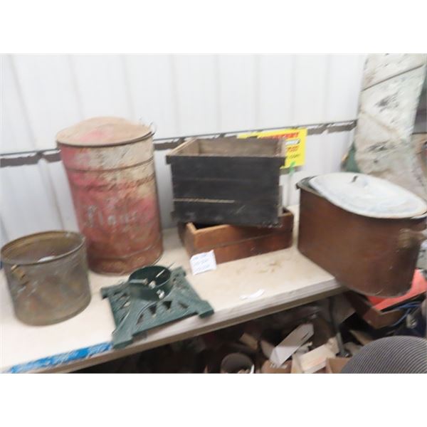 Copper Boiler, Flour Bin, Wooden Crates, Cast Christmas Tree Stand